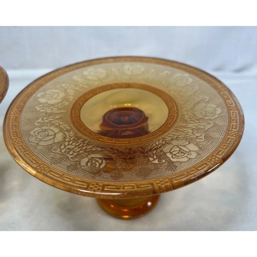 Vintage Amber Glass Candlestick Holders Pair Etched Rose Gold Greek Key 3.5